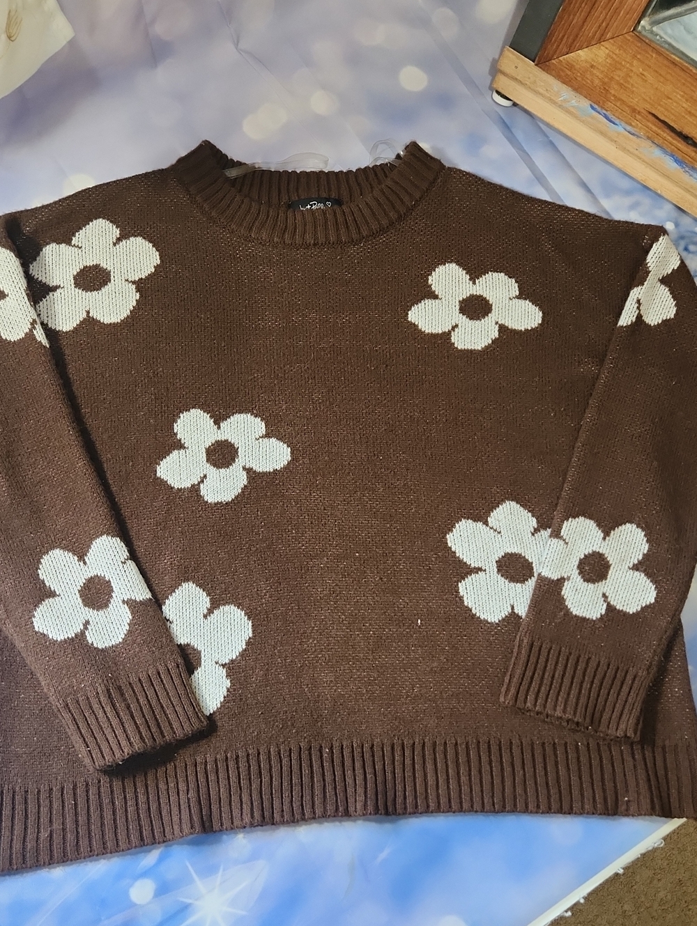 Floral Crewneck Sweater in Brown with Cream Flowers